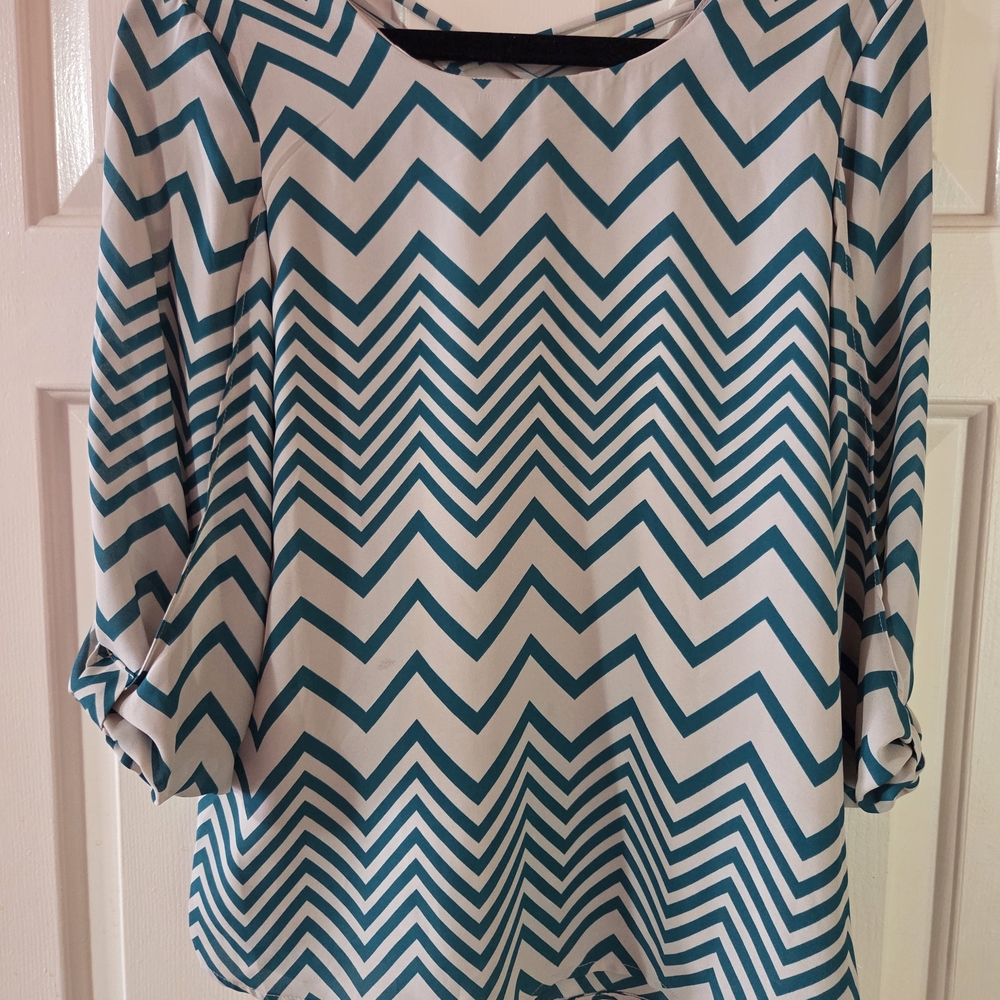 Takara Teal and White Chevron Roll-Sleeve Blouse